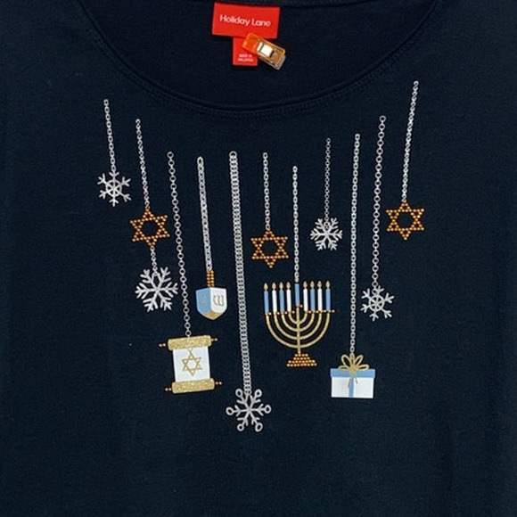 NWT New Holiday Lane Womens XL Hanukkah Holiday Long Sleeve Black Tee Shirt - Picture 2 of 5